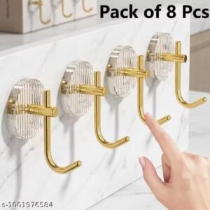 Pack of 8 Heavy Duty Self Adhesive Wall Hooks | Waterproof Transparent Sticky Hooks | Gold Hanging Hooks for Kitchen, Bathroom, Bedroom & Office