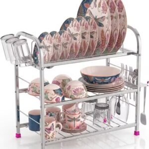 Stainless Steel 3 Shelf Wall Mount Kitchen Rack with Plate, Cutlery & Glass Holders  Dish Rack  Bartan Stand ( 18x18 inch )