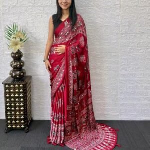 Women's Black Printed Ethnic Saree with Elephant Motif & Tassels and Real Mirror work