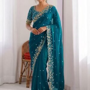 Rama Colour Satin Silk Saree with Heavy Embroidery Work Blouse Designer Wedding & Party Wear Ethnic Saree for Women-(Unstitched Blouse)