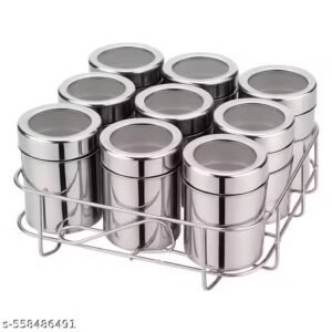 ECOLEX 9 Jar Square Stainless Steel Spice Box with 9 Spoons and Stand | Mukhwas Dabba | Dry Fruit Box | Kitchen Organizer