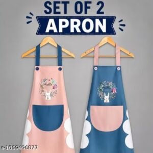 2 PCS Kitchen Apron, Cute Bear With Center Pocket Hand Towel Women and Men ChCef Cooking ute Unisex Apron Washable PVC Waterproof, Kitchen Apron Set with Front Pocket, Floral Bunny Design, Waterproof, Blue and Pink, (PACK - 2) WONDERFUL APORON