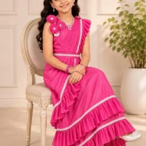 Girls’ Pink Ruffle Saree-Style Gharara Dress with Floral Appliqué, Embellished Border & Belt