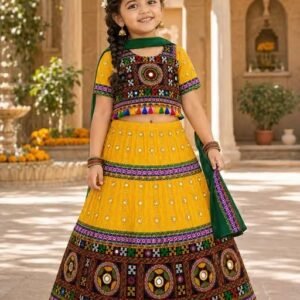 RUYAM Girls’ Traditional Gujarati Mirror Work Embroidered Lehenga Choli with Dupatta