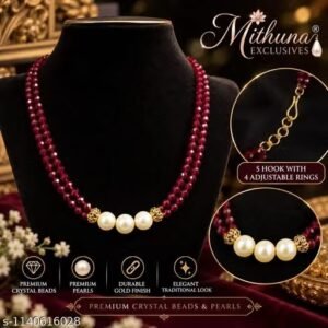 Mithuna Exclusives® Premium Red HydroCrystal Beads Double Layer Necklace with 3 Cream Pearls, Gold Finish Spacers & Adjustable S Hook for Women and Girls