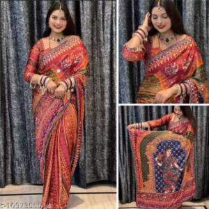 Rashmika Mandanna Inspired Navratri Special Satin Silk Saree with Real Hand Mirror Work & Fancy Pallu Latkan