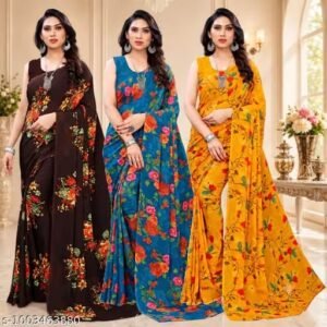 Fancy Floral Printed Georgette Saree Combo Pack of 3