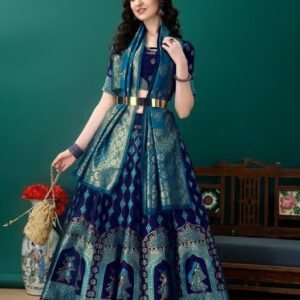 Navy Blue and Turquoise Banarasi Silk Work Lehnega Choli with Dupatta For Marriage,Holi,Navaratri,Engagement Parties or Bridal Showers,Anniversaries, Birthday,Reception,Sangeet or Mehendi